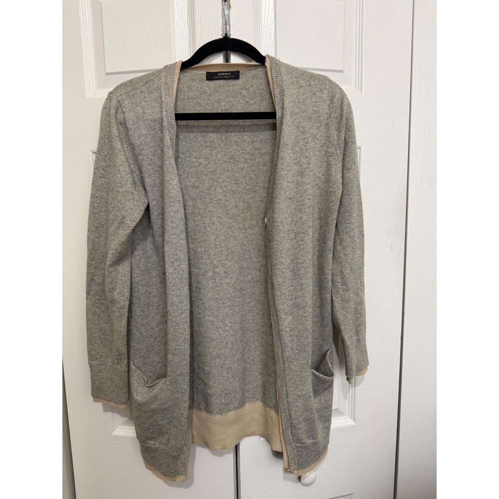 Alpha Massimo Rebecchi Wool Cashmere Cardigan Grey Tan Open Front Size 46